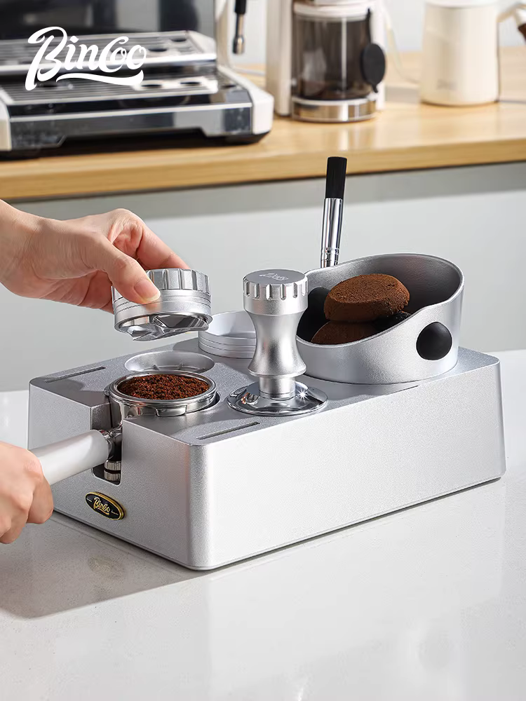 Bộ dụng cụ pha cà phê đa năng Bincoo Silver với giá đỡ, hộp đựng bã cà phê kiểu Ý, bộ ba món, kích thước 51/58mm, giúp phân phối bột cà phê đều