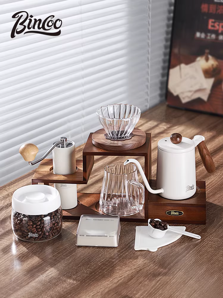 Bộ ấm pha cà phê thủ công Bincoo, máy pha cà phê xay tay, giá để đồ bằng tay quay, bộ ấm pha cà phê bằng gỗ hoàn chỉnh