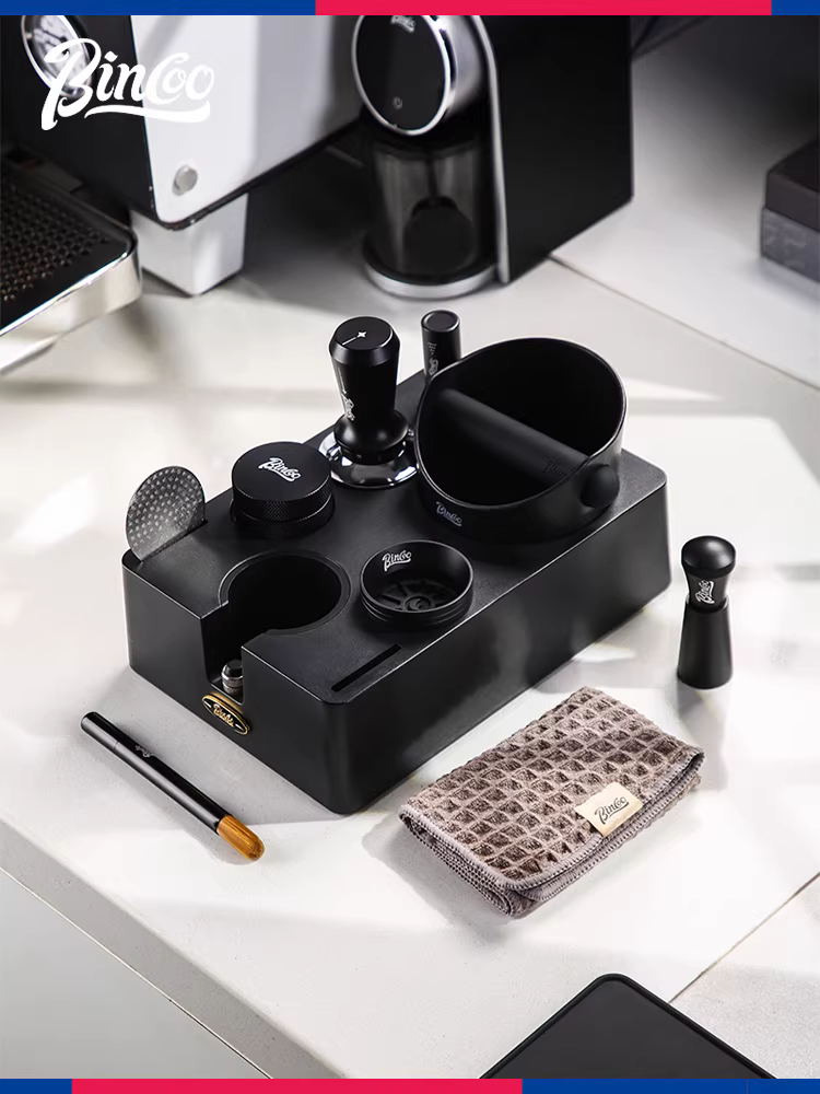 Đế ép cà phê Bincoo, dụng cụ phân phối, búa ép, hộp đựng bã cà phê, phụ kiện tay cầm máy pha cà phê, bộ dụng cụ và hộp đựng đầy đủ.