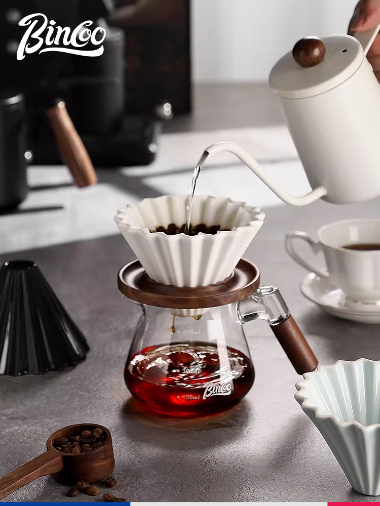 Bộ lọc cà phê thủ công Bincoo, cốc lọc gốm gia dụng, giá đỡ cốc lọc gỗ óc chó, bộ giấy lọc bánh V60