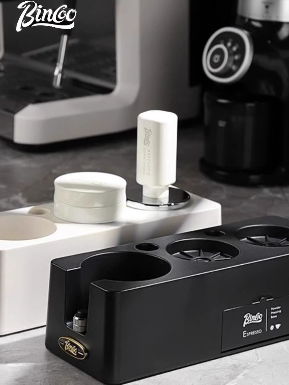 Bộ dụng cụ phân phối cà phê Espresso Bincoo, đế thép không gỉ, hình vuông, kích thước 58mm, dùng được cho nhiều loại máy.