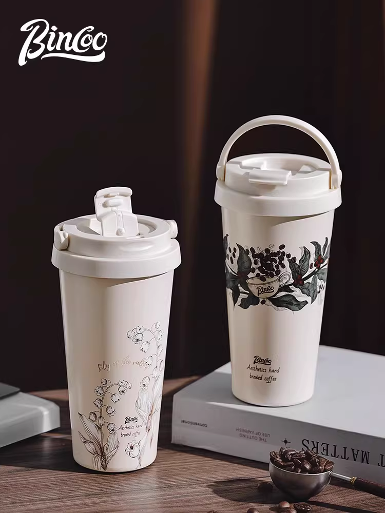 Ly cà phê Bincoo có lớp lót bằng gốm, cốc nước di động, bình giữ nhiệt bằng thép không gỉ cao cấp dành cho nữ, kiểu dáng mới để sử dụng khi di chuyển.