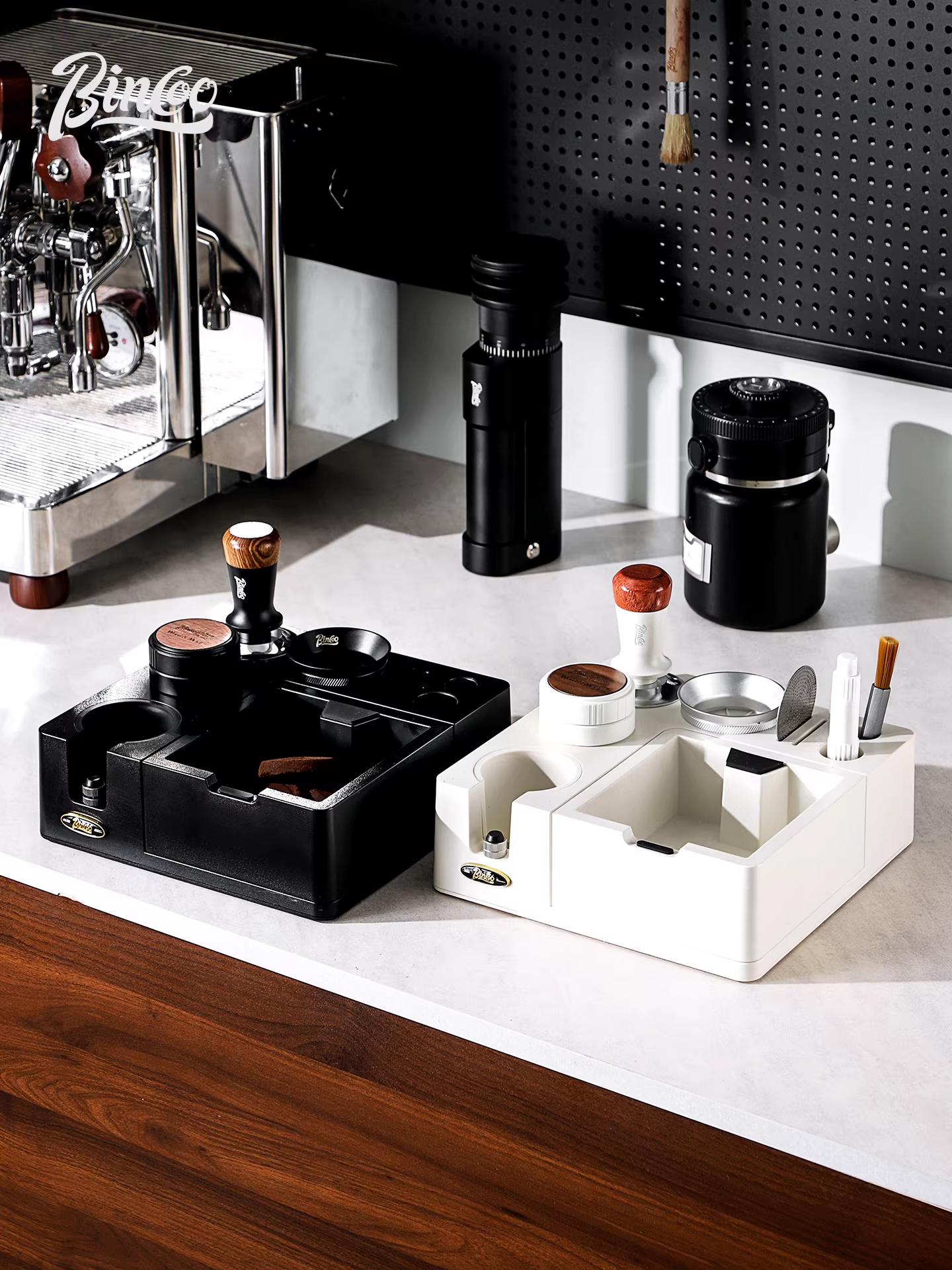 Bộ dụng cụ đa năng kiểu Ý Bincoo: đế, dụng cụ nén cà phê, dụng cụ phân phối cà phê, hộp đựng cà phê, đế hộp đựng bã cà phê
