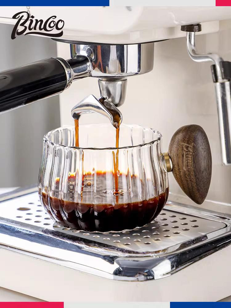 Ly cà phê thủy tinh Bincoo, ly latte cao cấp, ly Americano đá, tay cầm gỗ sọc dọc, cốc cổ điển