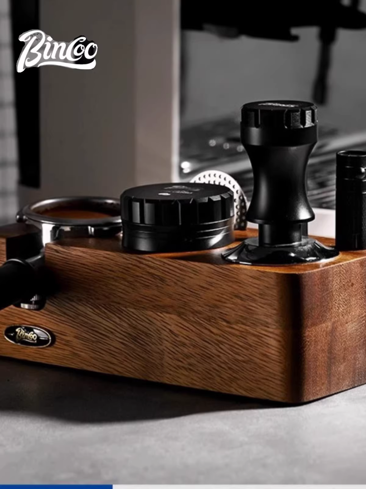 Bộ dụng cụ pha cà phê Bincoo bằng gỗ óc chó, gồm đế ép cà phê, búa ép cà phê, dụng cụ phân phối bột cà phê, bộ ba món kiểu Ý 51/58mm