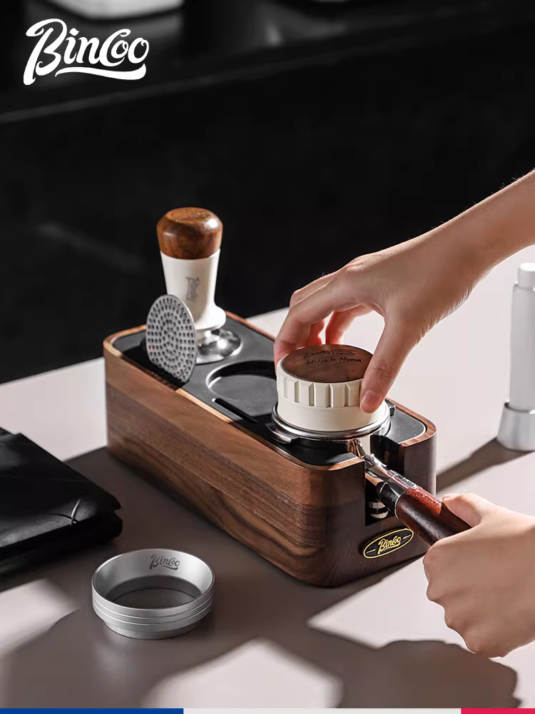Bộ dụng cụ pha cà phê Bincoo bằng gỗ óc chó, gồm đế ép cà phê kiểu Ý, dụng cụ phân phối bột cà phê, dụng cụ ép cà phê, hộp đựng, kích thước 51/58mm