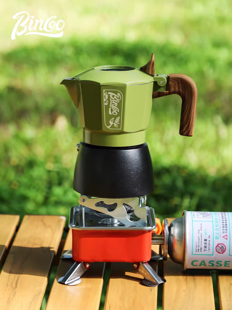 Bộ dụng cụ pha cà phê du lịch ngoài trời Bincoo, ấm pha cà phê moka hai van, thiết bị pha cà phê cắm trại, bộ pha cà phê di động đầy đủ