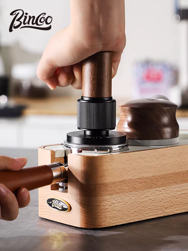 Bộ dụng cụ đế đỡ tamper cà phê Bincoo bằng gỗ nguyên khối, phụ kiện máy pha cà phê espresso, tay cầm, đế đổ đầy
