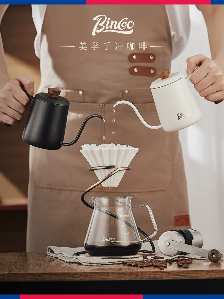 Ấm pha cà phê Bincoo với vẻ ngoài đẹp mắt, tay cầm bằng gỗ nguyên khối, vòi dài, miệng hẹp, ấm pha cà phê bằng thép không gỉ dùng cho gia đình.