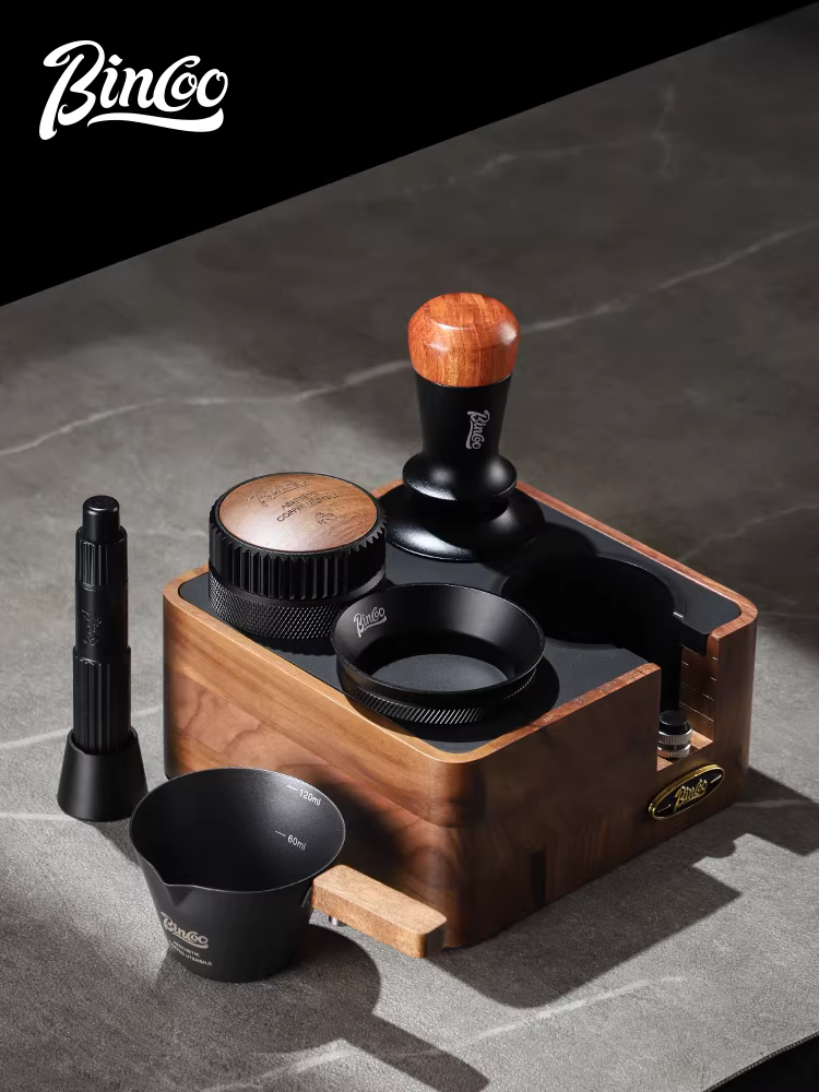 Bộ dụng cụ nén cà phê bằng gỗ óc chó Bincoo, kiểu Ý, gồm dụng cụ nén và phân phối cà phê, bộ ba món, kích thước 51-58mm, dùng được cho nhiều loại máy.