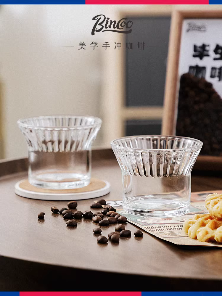 Ly cà phê thủy tinh Bincoo, ly latte trắng Úc đã qua sử dụng với họa tiết latte đẹp, ly nước retro sọc dọc đơn giản