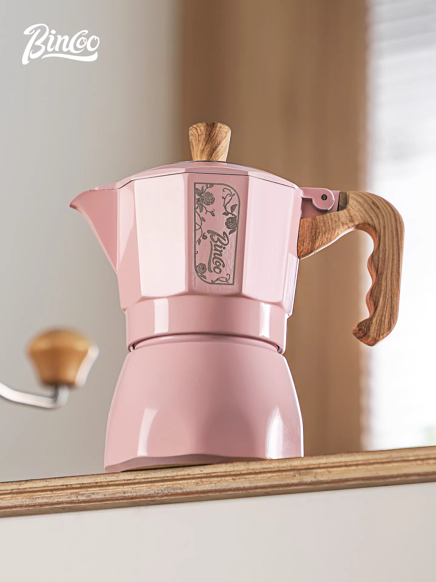Bộ pha cà phê espresso nhỏ gia dụng Bincoo màu hồng, kiểu moka pot hai van, pha cà phê thủ công