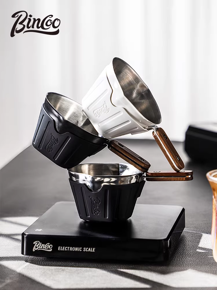 Cốc đong cà phê Espresso bằng thép không gỉ có tay cầm bằng gỗ Bincoo, có vạch chia, bình sữa nhỏ, cốc chiết xuất chất lỏng cà phê