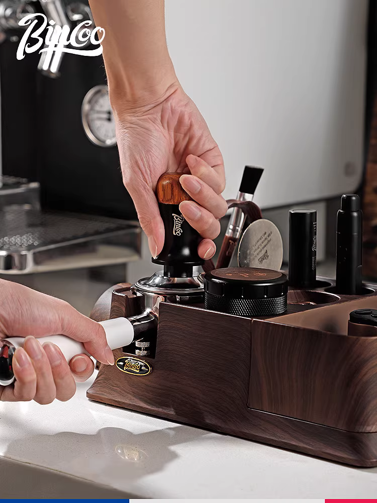 Bộ dụng cụ đế ép cà phê vân gỗ Bincoo, dụng cụ phân phối bột, hộp đựng đa năng, hộp đựng máy pha cà phê espresso