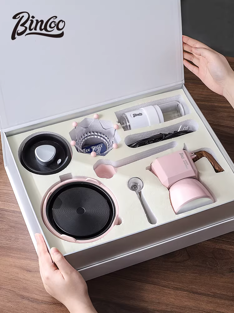 Bộ pha cà phê moka hai van Bincoo màu hồng, hộp quà tặng, máy pha cà phê espresso tại nhà, quà tặng
