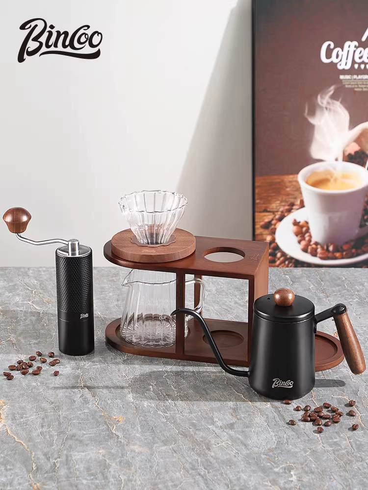 Giá để cà phê pha thủ công Bincoo, ấm chia sẻ, ấm pha cà phê thủ công, cốc lọc thủy tinh, bộ đầy đủ để sử dụng tại nhà, giá đỡ bằng gỗ cổ điển