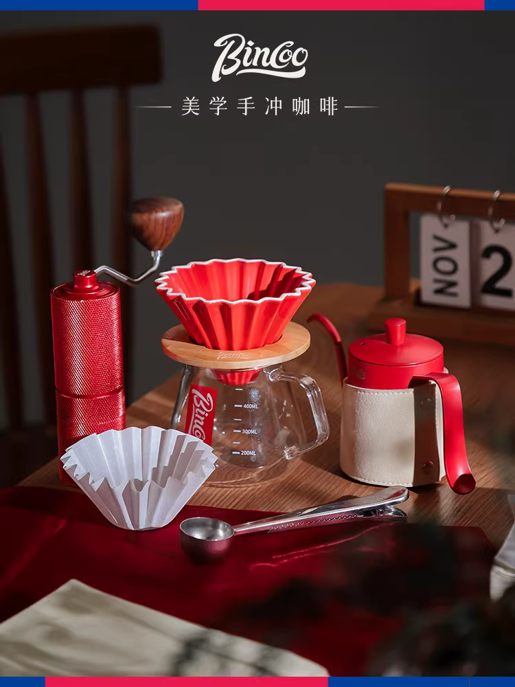 Bộ pha cà phê Bincoo kiểu Pour-over, bộ lọc giấy origami, cốc lọc cà phê gốm V60, cốc lọc hình bánh, đế gỗ