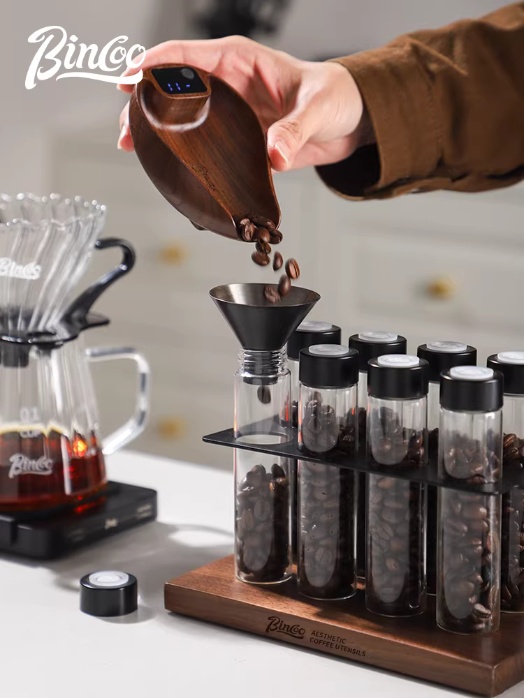 Hộp đựng cà phê Bincoo, có nắp đậy kín, giá để trưng bày, bình chứa có van xả một chiều, chai chiết rót di động, chai giữ mùi thơm