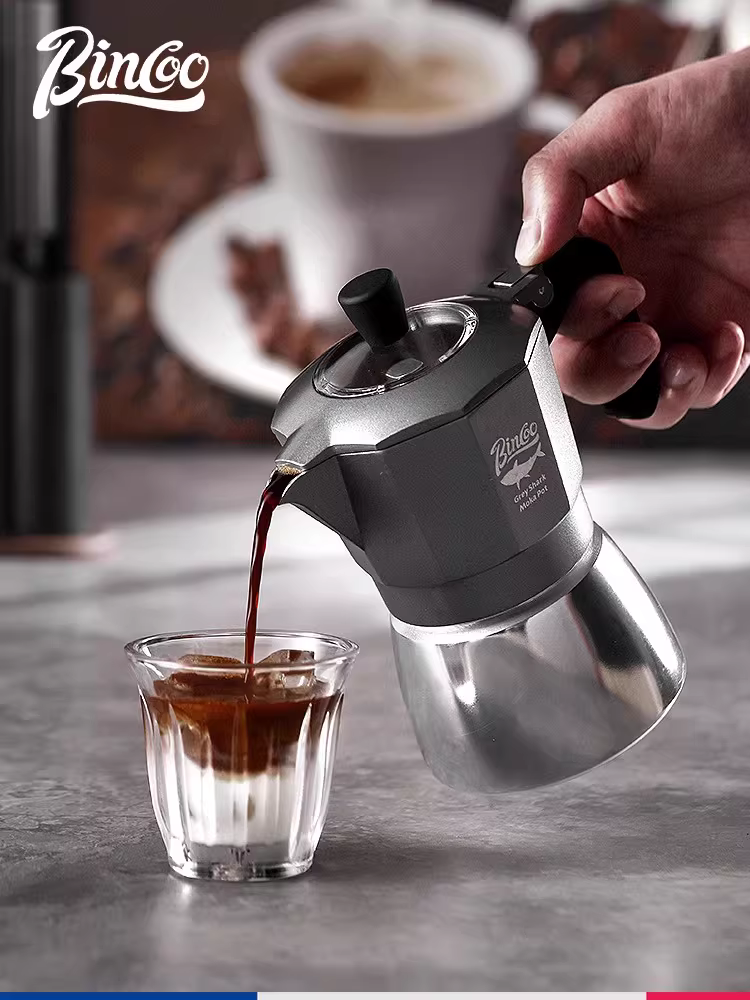 Bộ pha cà phê Moka Ý Bincoo hai van, nhỏ gọn, dùng tay quay, dùng được trên bếp điện, bộ dụng cụ pha cà phê ngoài trời