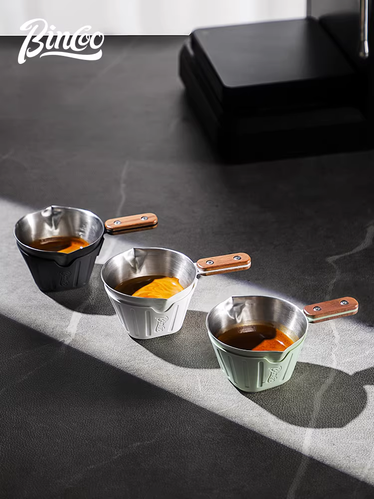 Cốc đong cà phê Espresso bằng thép không gỉ có tay cầm bằng gỗ Bincoo, có vạch chia, bình sữa nhỏ, cốc chiết xuất chất lỏng cà phê