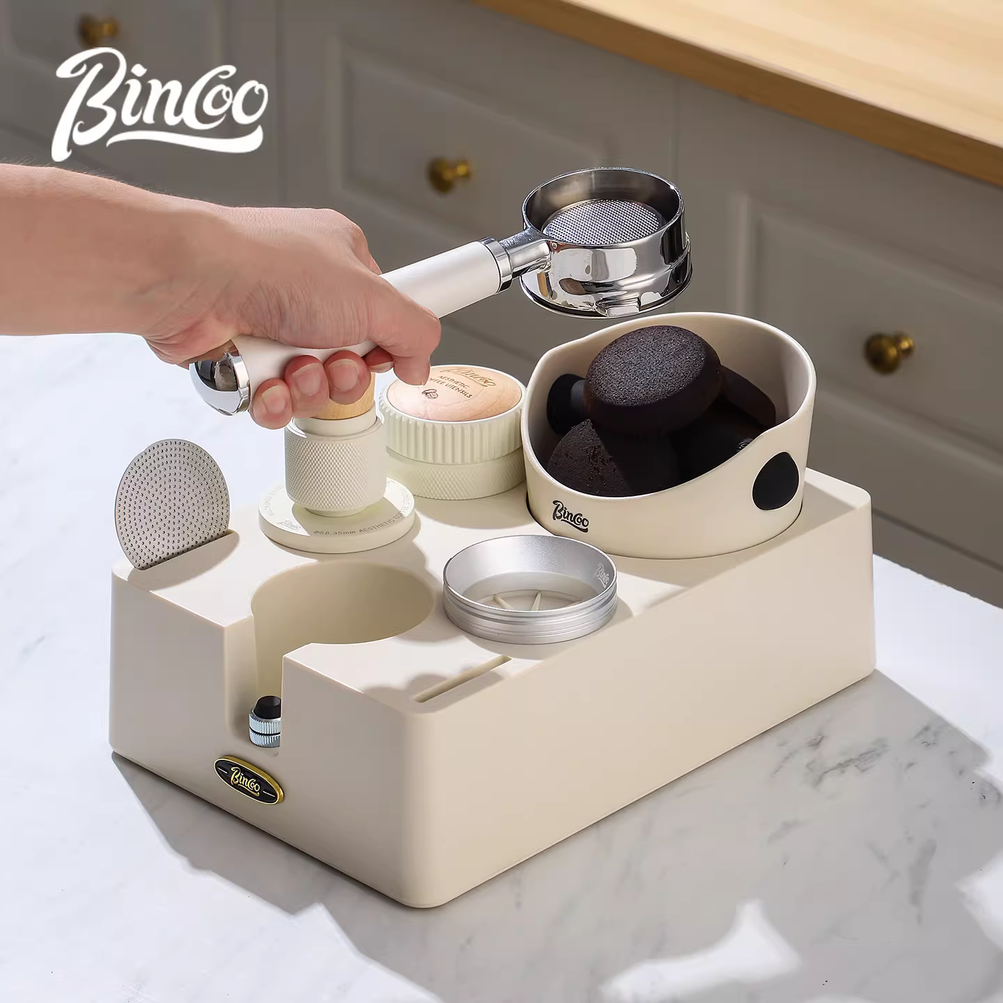 Đế ép cà phê Bincoo, hộp đựng bã cà phê, bộ phân phối bột cà phê tích hợp, hộp đựng dụng cụ pha cà phê, bộ phụ kiện máy pha cà phê đầy đủ