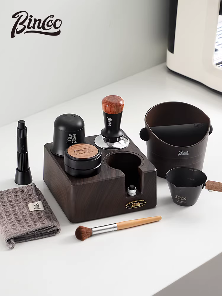 Bộ phụ kiện máy pha cà phê Bincoo: đế giữ máy, giá để, bộ phân phối bột, hộp đựng bã cà phê