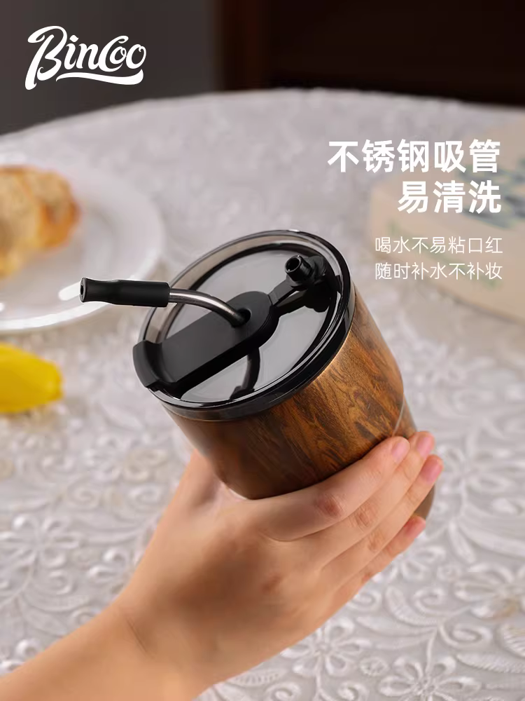 Ly cà phê gốm sứ vân gỗ Bincoo, ly giữ nhiệt kiểu Mỹ bằng thép không gỉ, cao cấp, dùng mang đi