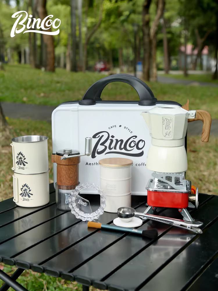 Bộ pha cà phê Bincoo du lịch ngoài trời, ấm pha cà phê moka hai van, thiết bị pha cà phê cắm trại, bộ pha cà phê di động đầy đủ