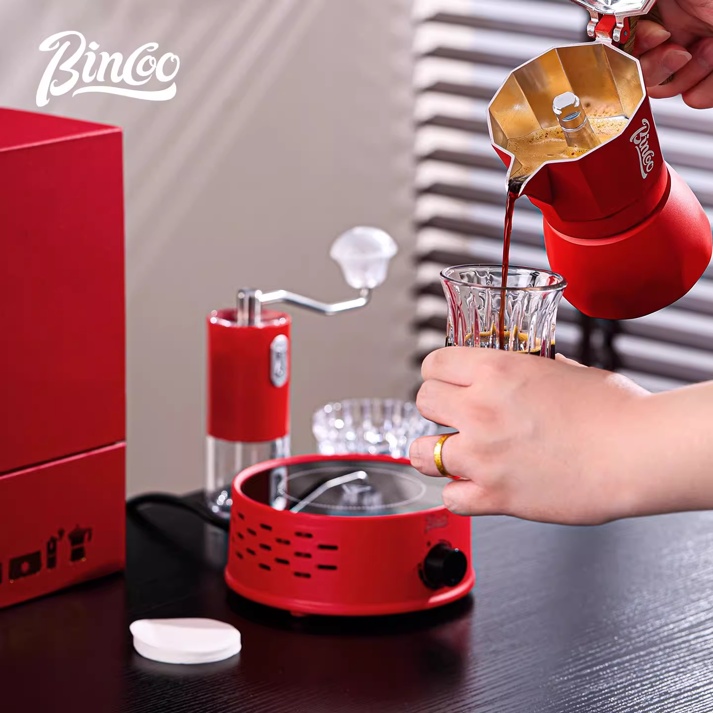 Bộ hộp quà tặng di động bình pha cà phê moka van đôi Bincoo, máy pha cà phê, cà phê espresso, quà tặng cho đám cưới, quà lưu niệm