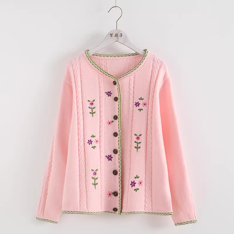 Dream Box 2023 Thu Mới Thêu Hoa Tươi Mát Xoắn Cardigan Mori Girl Cổ Tròn Áo Len Đan Rộng Áo Khoác