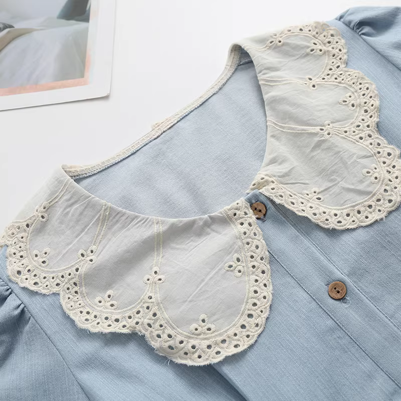 Dream Box 2023 Mùa Hè Mới Tươi Mát Màu Trơn Váy Denim Nữ Thêu Ren Cổ Búp Bê Tay Ngắn Eo-Cinching đầm