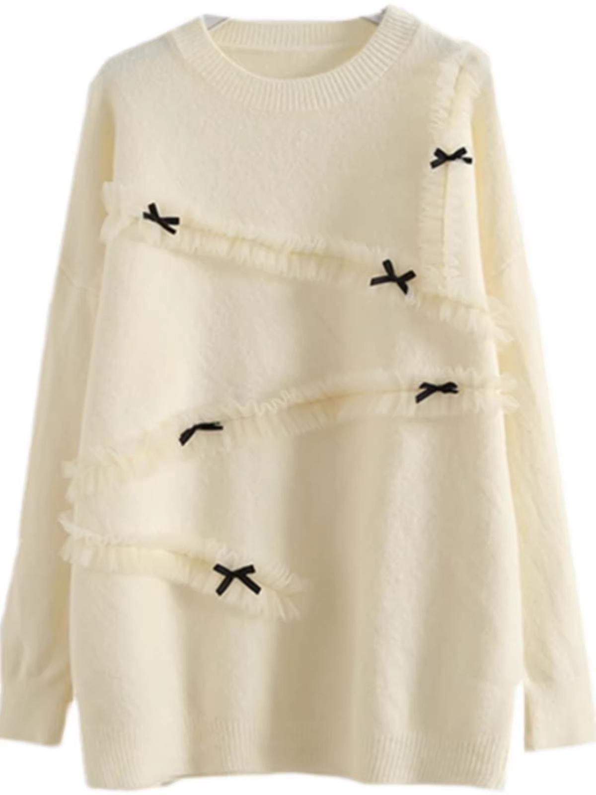 Áo len dáng rộng tay dài cổ tròn phối bèo nhún nơ xinh mùa đông Dream Box 2024