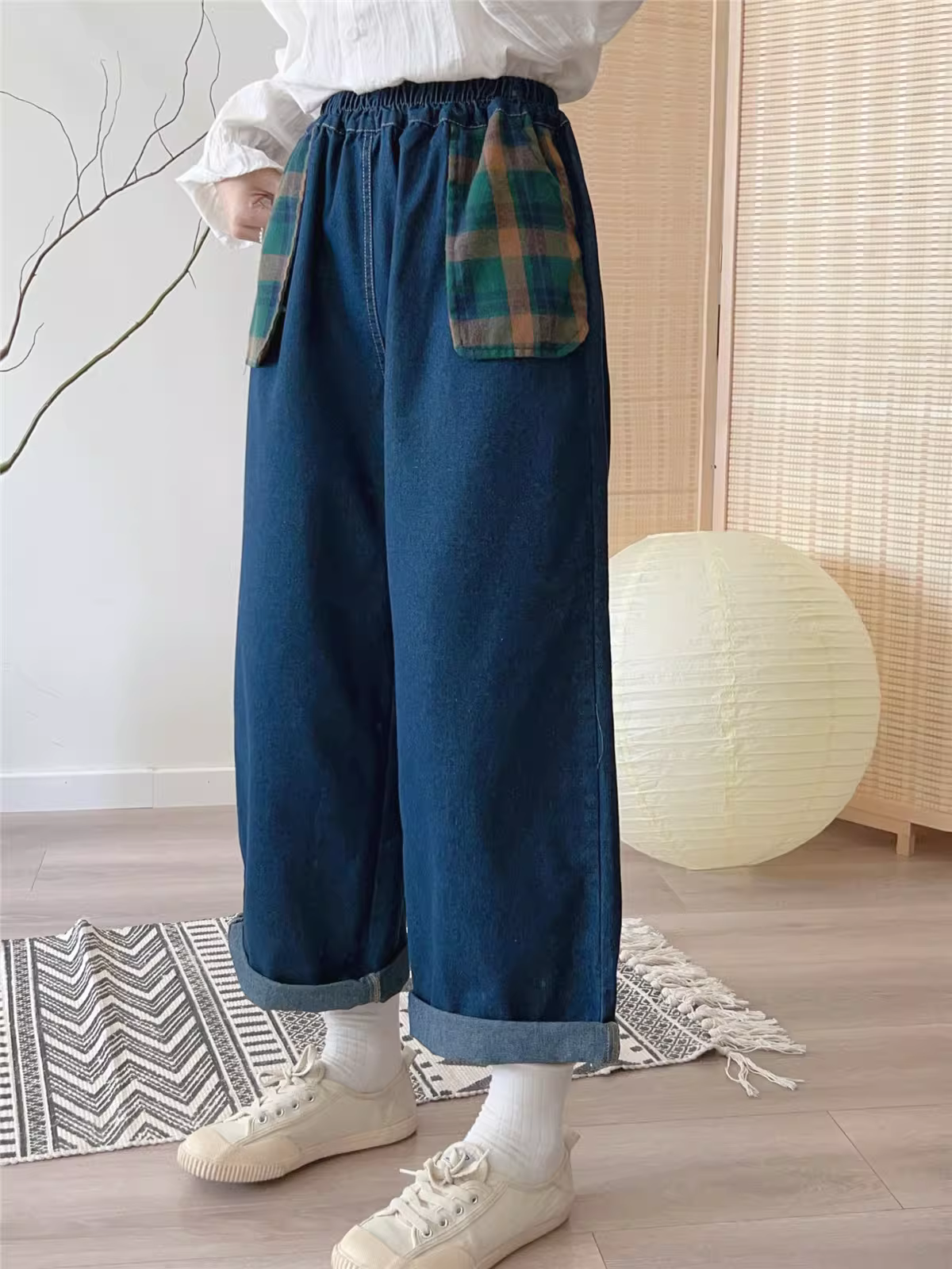 Dream Box 2023 Mùa Xuân Mới Kẻ Sọc Túi Màu Trơn Quần Ống Suông Co Giãn Giảm Béo Rời Quần Jean Ngắn Cho Nữ