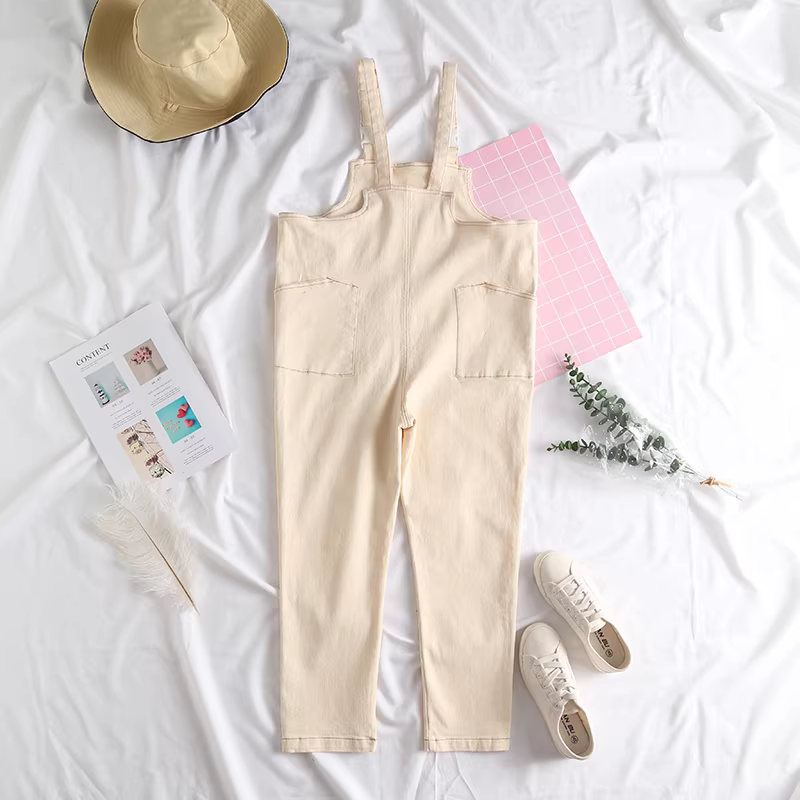 Quần yếm nữ cotton co giãn đa năng, màu trơn, kiểu dáng thẳng, thêu chữ mới Xuân 2024, thương hiệu Dream Box