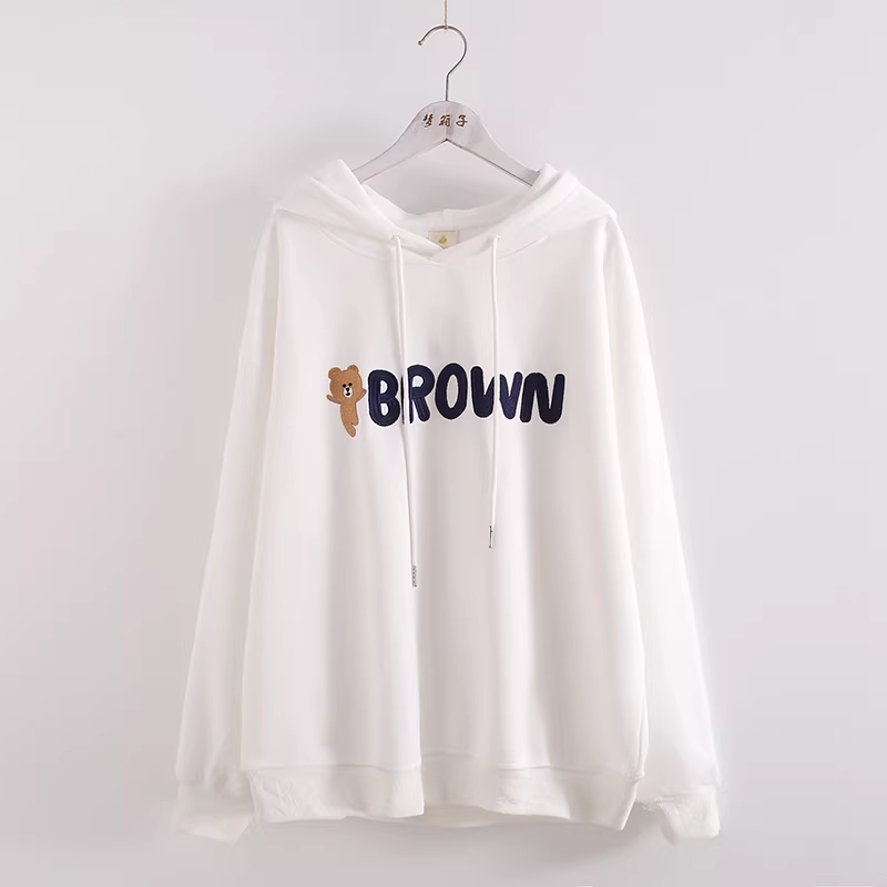 Áo len nỉ nữ dáng rộng tay dài in thêu chữ Gấu nâu hoạt hình Dream Box Thu 2024