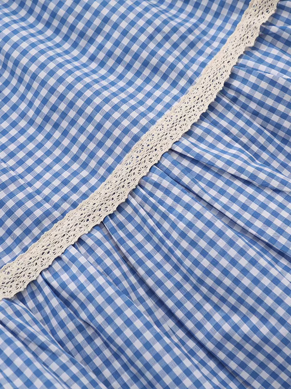 Váy cotton xếp tầng dáng A, eo thun, viền ren, họa tiết ca rô, mùa hè 2025, Dream Box