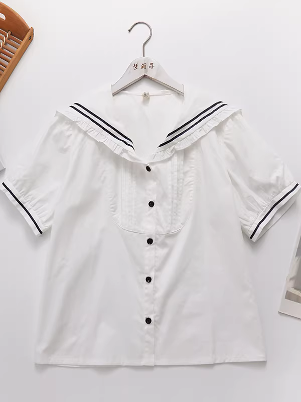 Áo sơ mi cotton xếp ly dáng rộng tay ngắn cổ bèo phong cách thủy thủ mùa hè mới Dream Box 2025 dành cho nữ