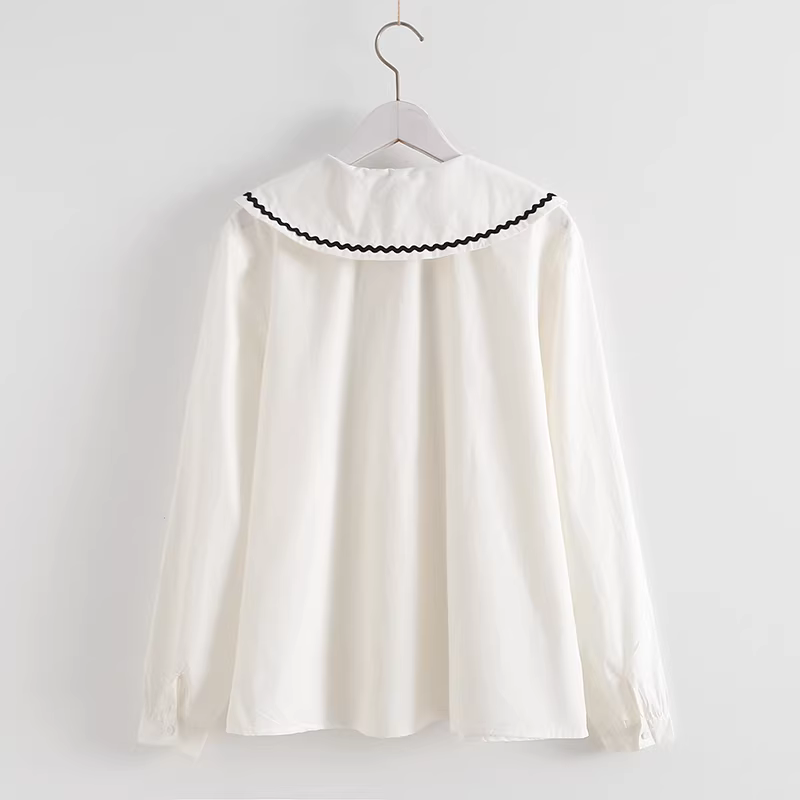 Áo sơ mi cotton thêu hình động vật biển phong cách mới Thu 2021 Dream Box, cổ búp bê, tay dài, dáng rộng, màu trắng dành cho nữ