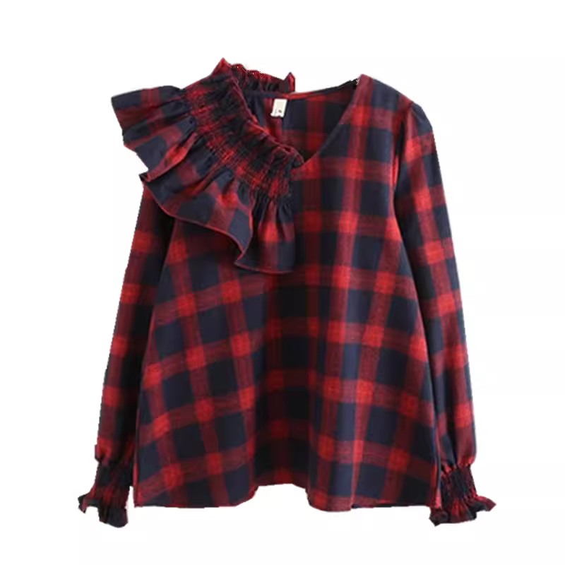 Áo sơ mi nữ cotton kẻ caro kiểu dáng mới Dream Box 2025, cổ bèo tay phồng, đa năng, rộng rãi, phong cách retro.