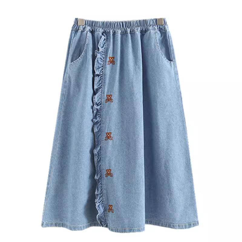 Váy denim dáng A xếp ly thêu hình gấu phong cách mới Xuân 2024 Dream Box dành cho nữ