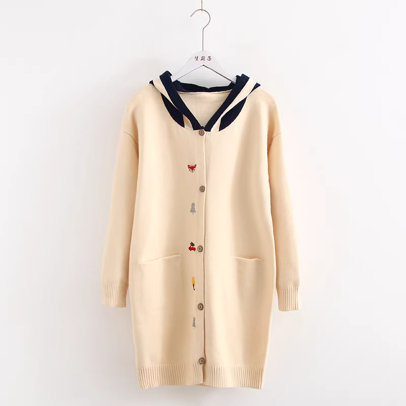 Áo khoác cardigan thêu hoạt hình Dream Box Thu 2023, phối màu, có mũ, tay dài, dáng rộng, dài qua eo