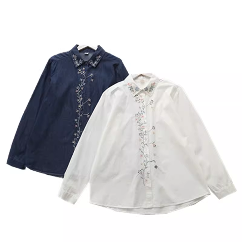 Áo sơ mi denim thêu hoa tươi phong cách mới Xuân 2025 Dream Box, cổ trụ, tay dài, dáng rộng, chất liệu cotton trắng dành cho nữ