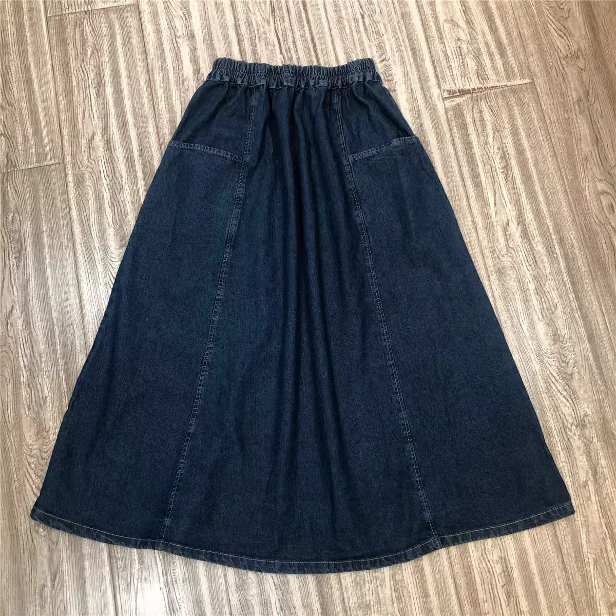 Dream Box 2023 Mùa Xuân Mới Vintage Màu Váy Denim Lưng Thun Túi Lớn Chữ A Giảm Béo Chiều Dài Trung Bình Váy