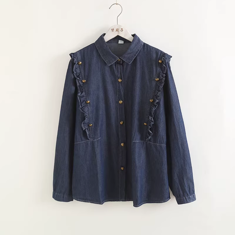Dream Box 2023 Áo sơ mi denim cổ điển mới mùa thu có khuy đôi bằng đồng có cổ bẻ, tay dài, viền xù, áo sơ mi nữ dáng rộng