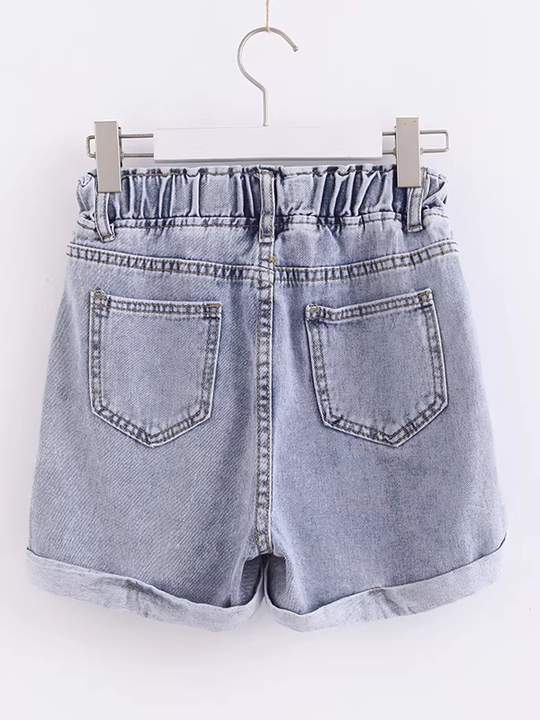 Quần short denim nữ dáng thẳng ôm body, cạp chun, túi lớn, kiểu dáng mới hè 2025, đa năng, bo gấu