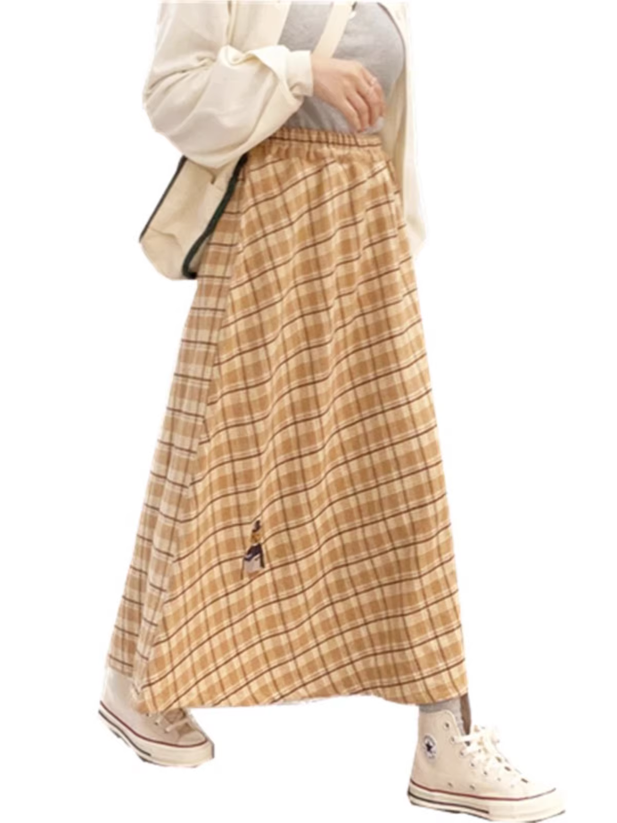 Váy kẻ caro thêu hình chú gấu Mr. Bear mùa đông 2024 của Dream Box, lưng thun, dáng chữ A, dài qua gối