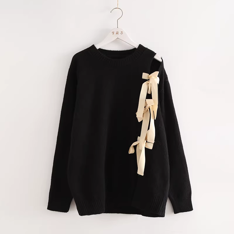 Áo len nữ dáng rộng tay dài cổ tròn buộc dây kiểu mới thu đông 2023 Dream Box, chất liệu ren phối nơ, màu trơn