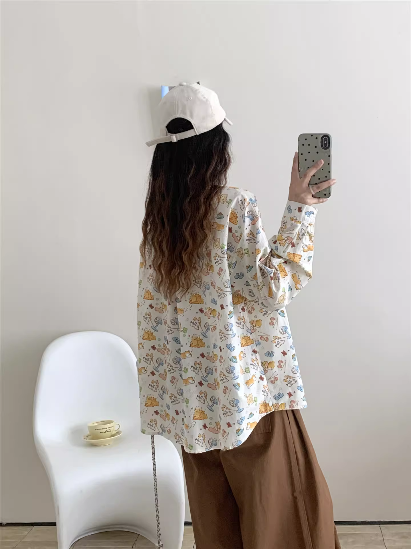 Áo sơ mi cotton in hình nhiều chú chó hoạt hình mùa thu mới Dream Box 2025, cổ trụ, tay dài, dáng rộng, trẻ trung dành cho nữ