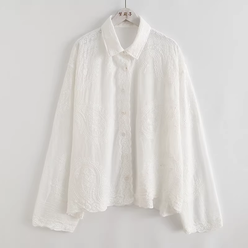 Dream Box 2024 Áo sơ mi cotton nguyên chất thêu hoa điều mùa xuân mới có cổ bẻ, tay dài, dáng rộng, chống nắng, áo mỏng thêu.