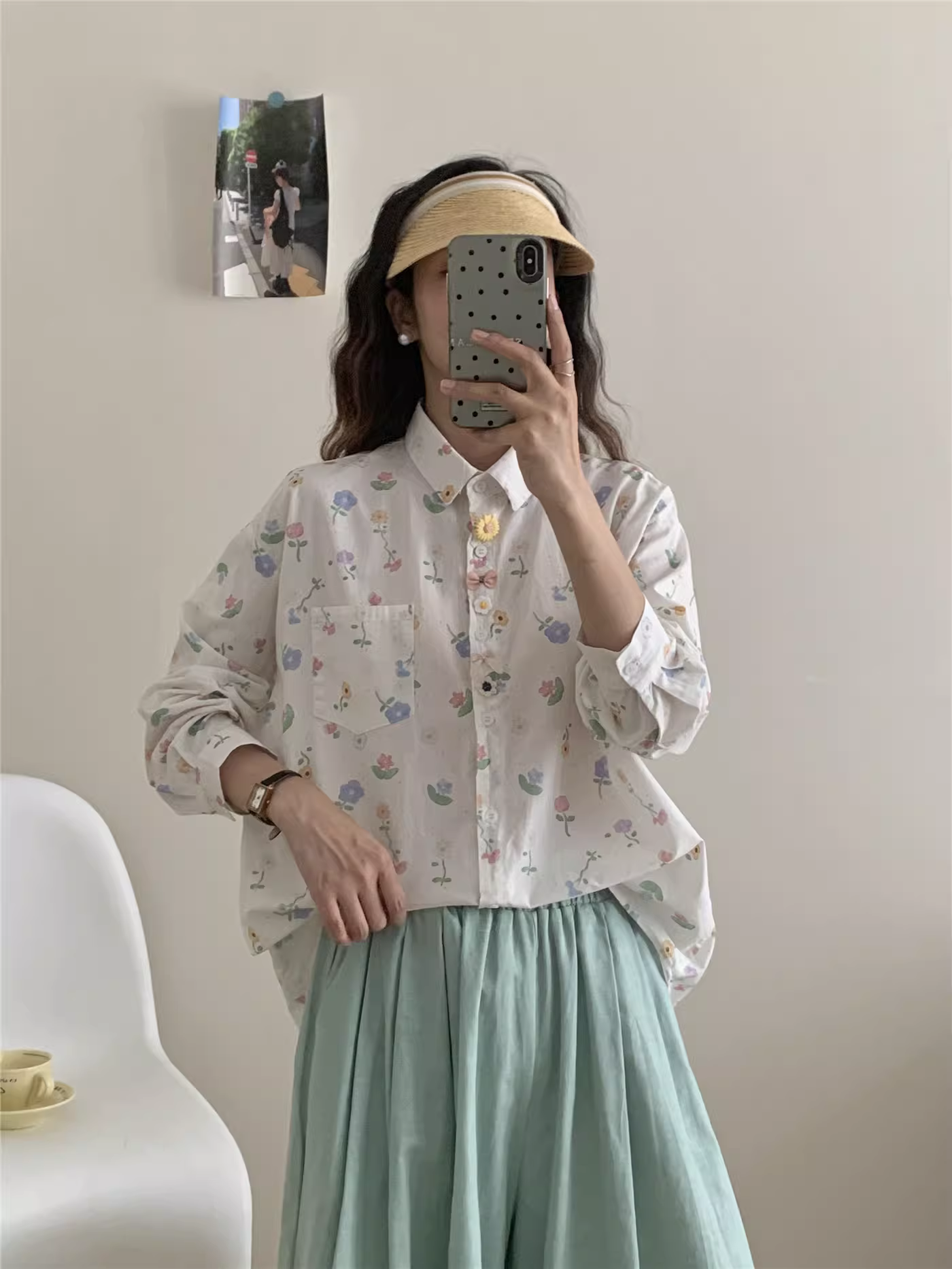 Áo sơ mi cotton in họa tiết hoa hoạt hình Dream Box 2025 mùa thu, nhiều khuy, cổ sơ mi, tay dài, dáng rộng, áo trẻ trung.